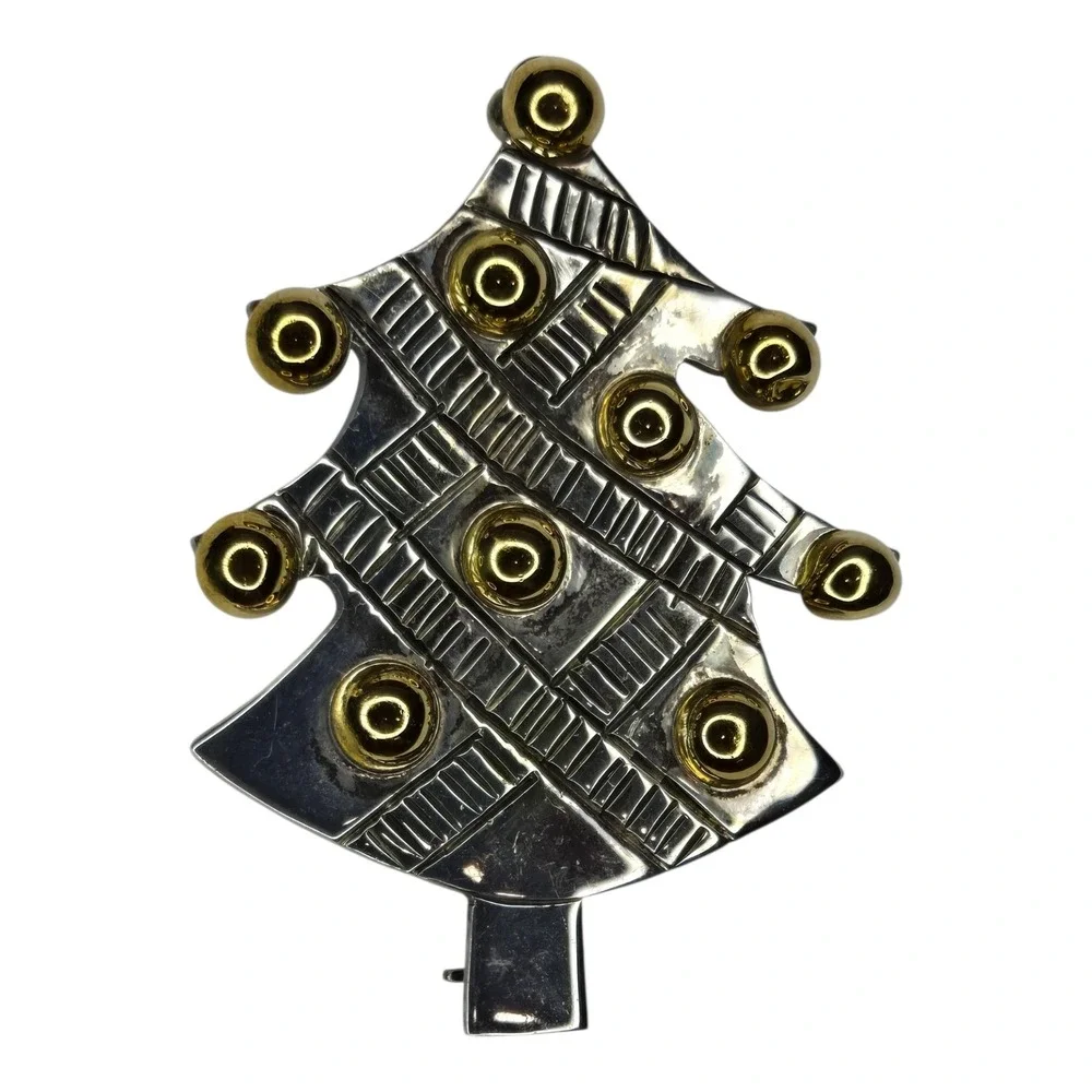 VIntage Christmas Tree Brooch 925 Sterling Silver Gold Tone Pin